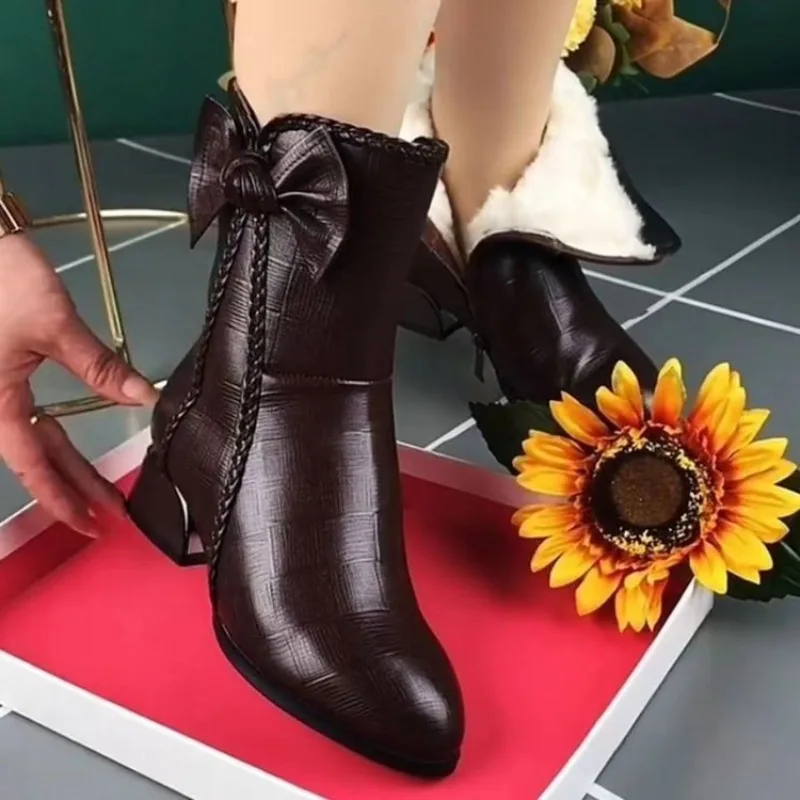 Cowboy Boots for Women High-top Faux Leather Winter Shoes Retro Womens Boots Heeled Ankle Boot Western Warm Plush Botas De Mujer