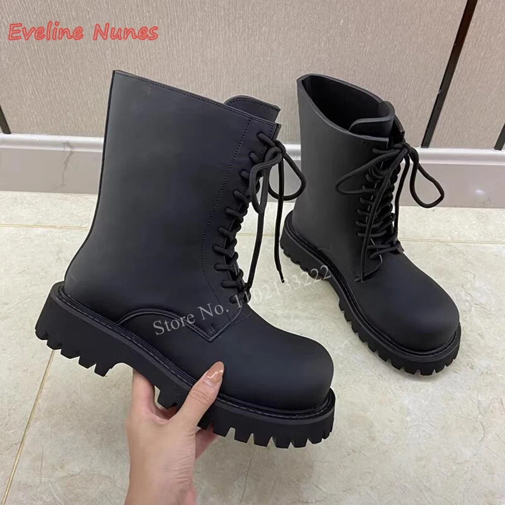 2024 Black Lace-up Ankle Boots 2024 Women\'s New Arrival Cross Straps Platform Round Toe Leather Fashion Party Plus Size Shoes