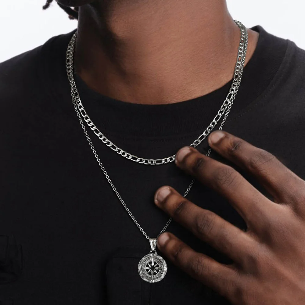 Vnox Cool Fashion Compass Pendant Necklaces for Men,Stainless Steel Double Layered Cuban/Rope/Figaro Chain Collar Jewelry Gift