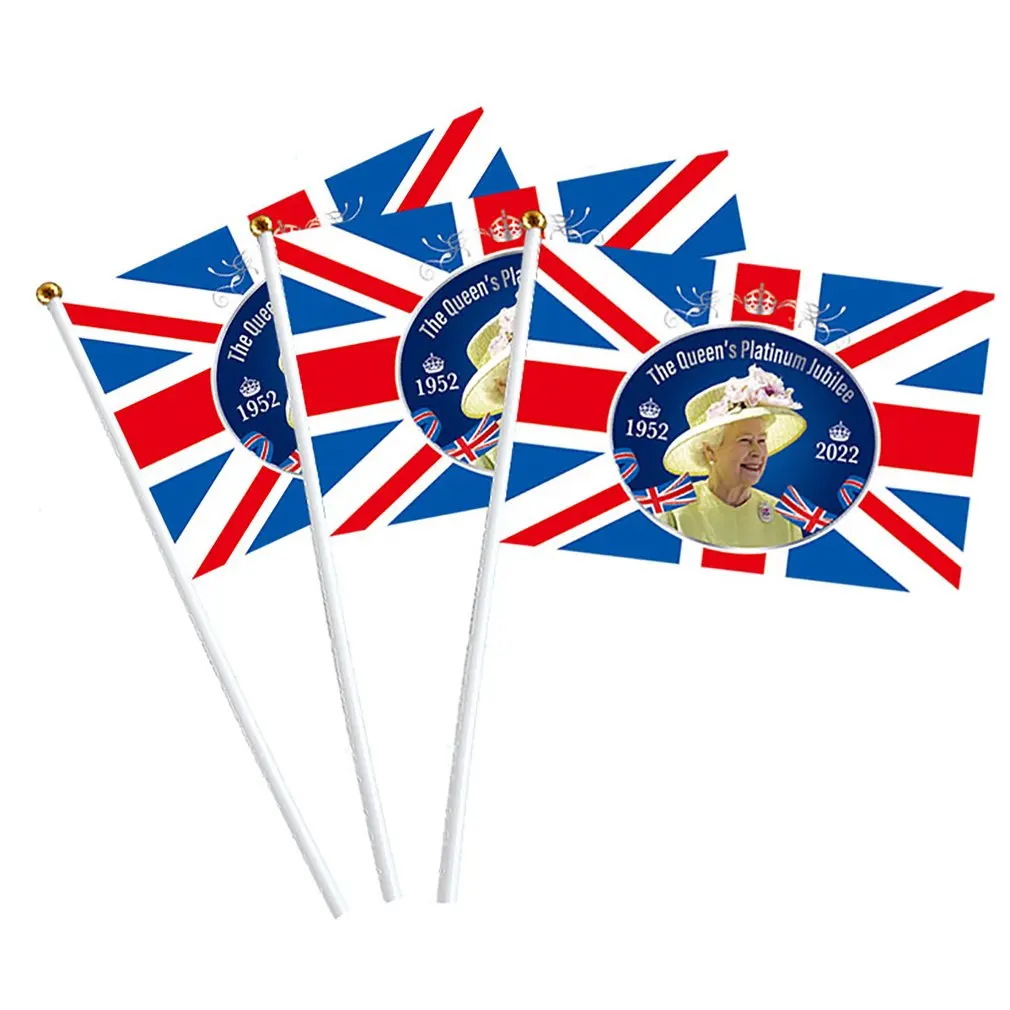 10pcs 14*21cm Flags England Queen Flag UK Flying Flag Britain United Kingdom Banner With Plastic Flagpoles Hand Waving Flags