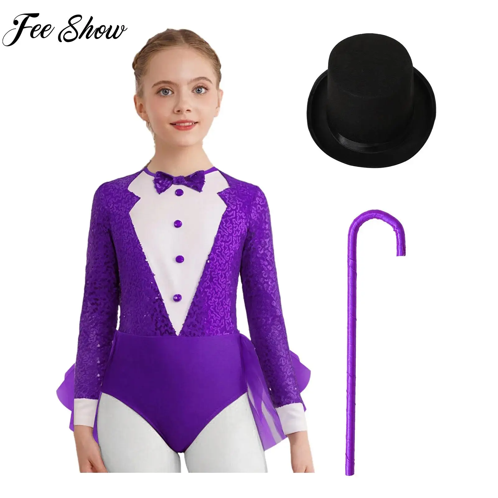 

Children's Jazz Dance Outfit Girls Long Sleeve Sparkly Sequins Magician Outfit Kids Halloween Carnival Cosplay Party Costume Set
