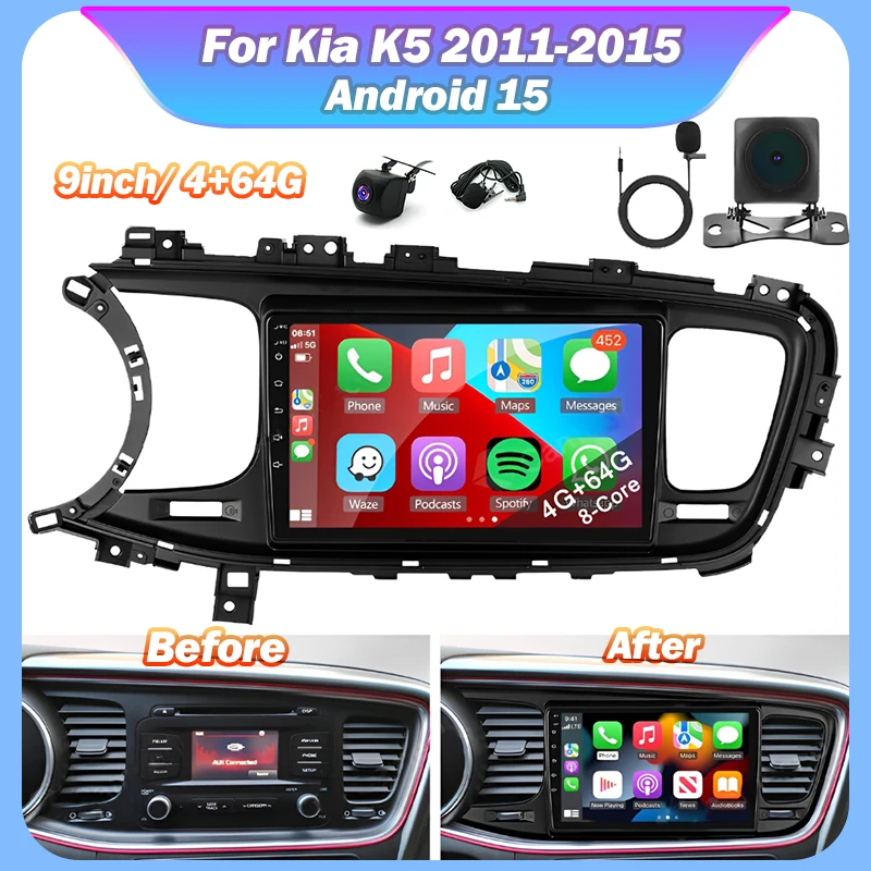 

Android 15 Car Stereo Radio 9 In Fit for Kia K5 2011-2015 Car Player Fit for Carplay Android WiFi Bluetooth 4GB+64GB Mirror Link