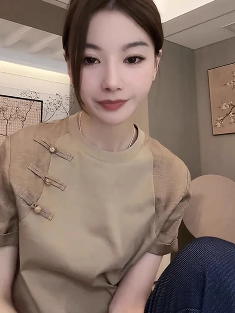 

Slimming ort Sve T-irt New Chinese Sle Retro Head over Heels Women's Faionable Summer Top round Ne Pullover Silk