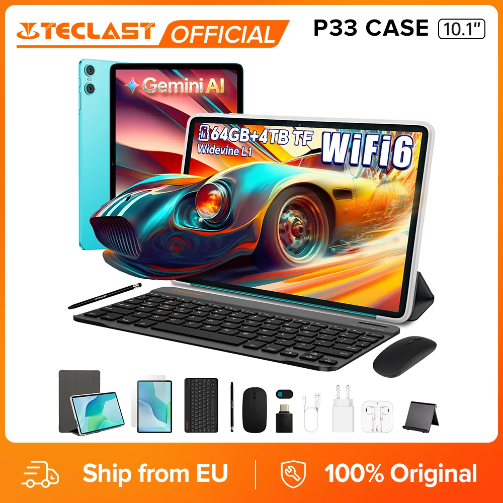Tablette TECLAST P33 avec étui, écran HD IPS 10,1 pouces 1280x800 16:10, Android 15, Allwinner A333 5 cœurs, 3 Go de RAM + 6 Go virtuels, 64 Go, WiFi 6, Bluetooth 5.4, batterie 6000 mAh, double haut-parleur, USB-C, TF 1 To, Widevine L1, version mondiale.