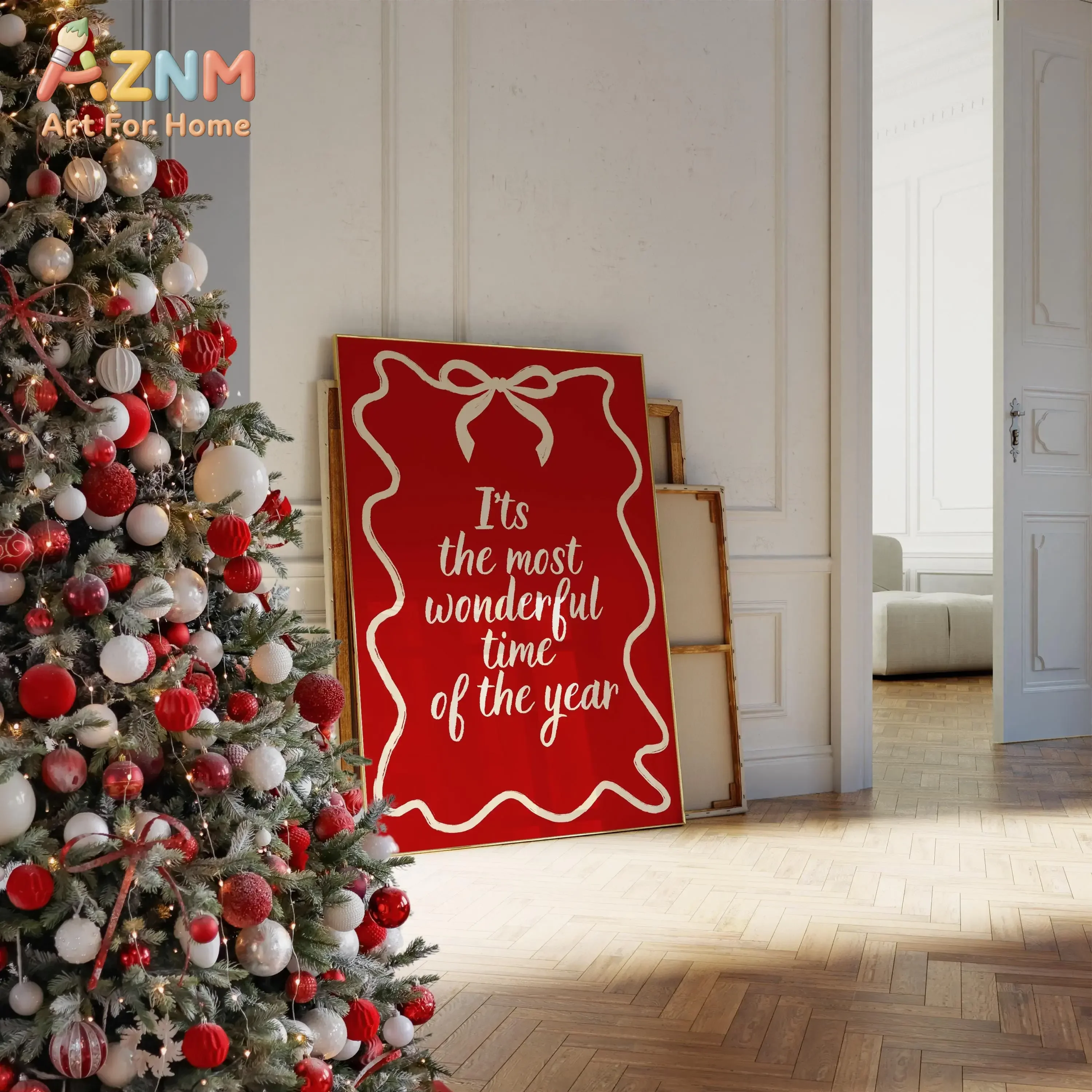 AZNM It's The Most Wonderful Time Of The Year Canvas Poster Red Bow Christmas Wall Art Print Holiday Home Decor Unframed Paintin