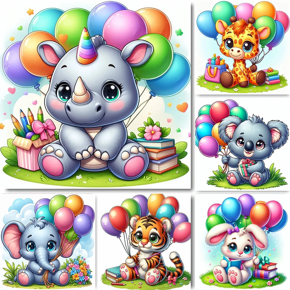 Cartoon Elephant Rabbit Rhino Zebra With Balloon Gift 5D Full Circle Diamond Painting DIY Diamond Mosaic Embroidery Cross Stitch