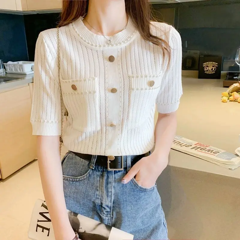 2023 Summer New Short Sleeve Knitting T-Shirts Women Round Neck Button Hollow Out Pullovers Fashion Elegant Sweet Tops Ladies