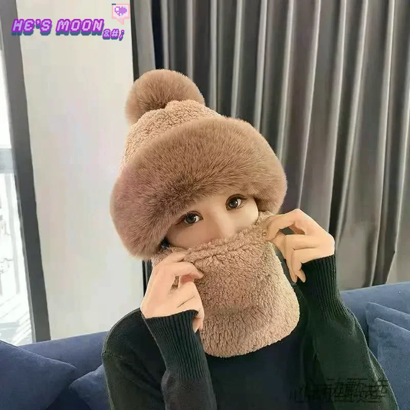 

Зимняя новая интегрированная защита ушей, ветрозащитная шапка, шапка Баотоу, шарф, маска, меховой шарик, бархатная велосипедная теплая шапка для женщин