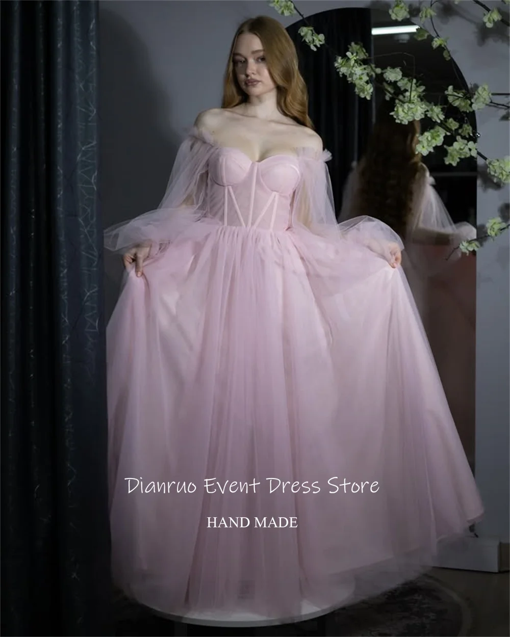 فستان سهرة أنيق على شكل حرف A من Dianruo بدون أكتاف وردي من التل رداء نسائي ساحر على شكل قلب فساتين حفلات مخصصة