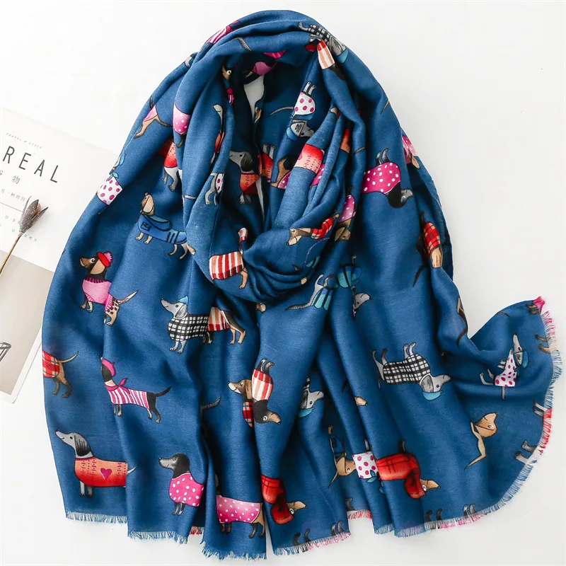 Lovely Animal Dachshund Pattern Viscose Scarf Cute Breathable Fringe Shawl Casual Travel Inelastic Outerwear Long Shawl 180*85Cm