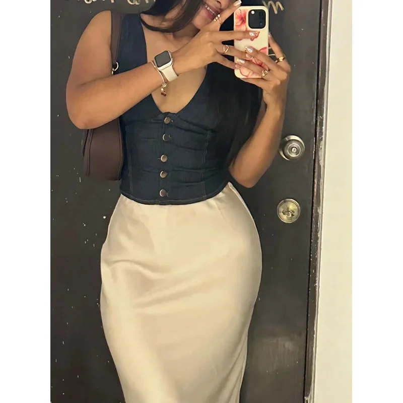 Feminino retro com decote em v sem mangas denim topo botão dourado decoração colete curto moda 2025 estilo