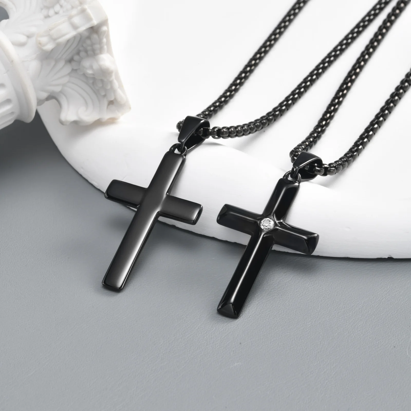 Vnox Men Black Stainless Steel Cross Pendant Necklace Inlaid Zircon Box Chain Religious Faith Jewelry Gift for Guys Daily Wear