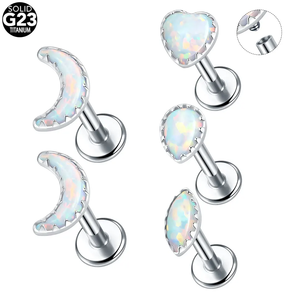 1/5PCS Titanium Internally Thread Labret Stud Rings Opal Heart Cartilage Tragus Helix Daith Lobe Earring Piercings Women Jewelry