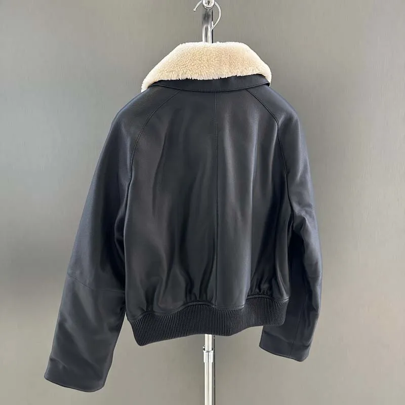 Abrigo de mujer invierno y otoño nueva llegada el forro está forrado con algodón chaqueta de piel de oveja auténtica cuello de lana grueso cálido