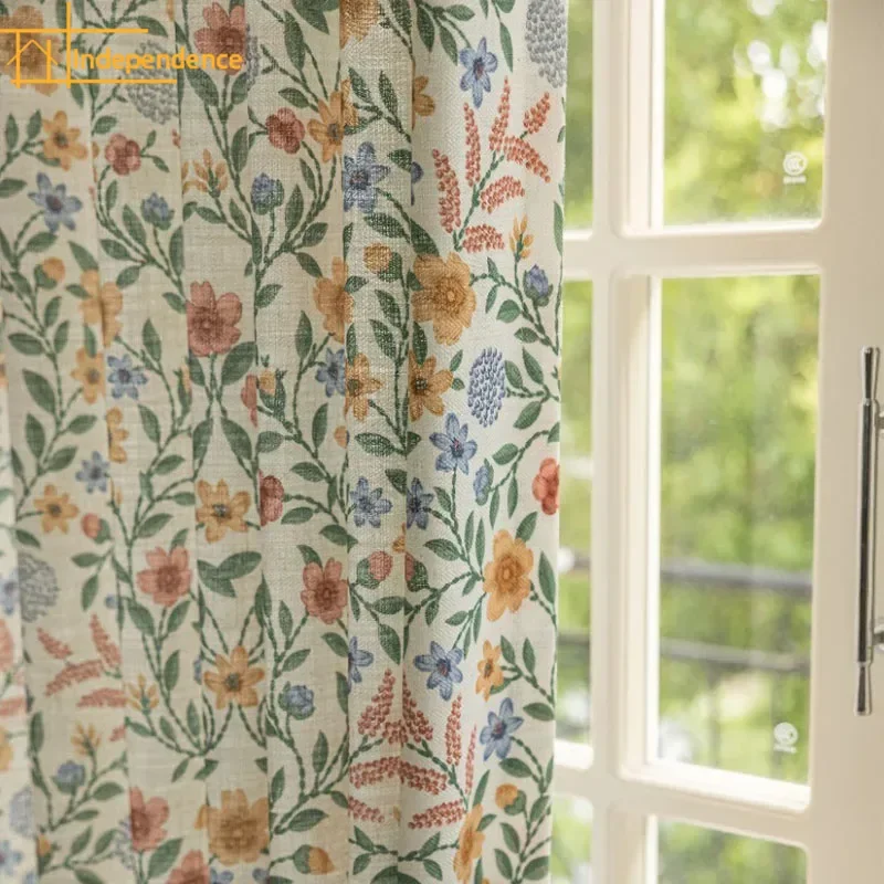 American Rustic Botanical Flower Cotton and Linen Printed Curtains for Bedroom Living Room Floating Window Curtains Customised