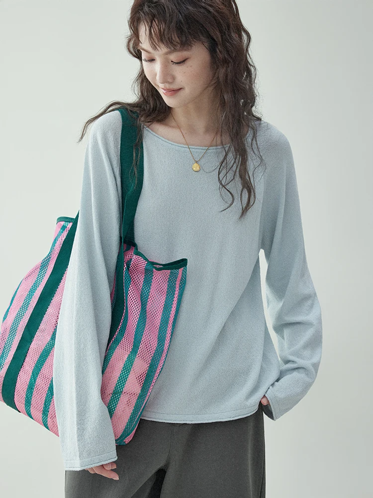 AMUU Original Minimalist  Color round Neck Long Sleeve Knitted Sweater Women's Autumn New Roll up  Top Casual Style