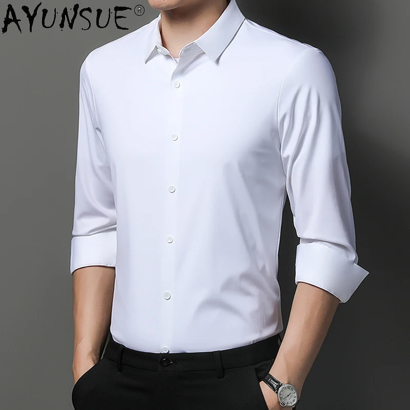 

AYUNSUE Top 100% Silk Shirt Men Clothing Male Social Shirt White Shirts Non-iron Luxury Long Sleeve Coat Business Casual Shirts