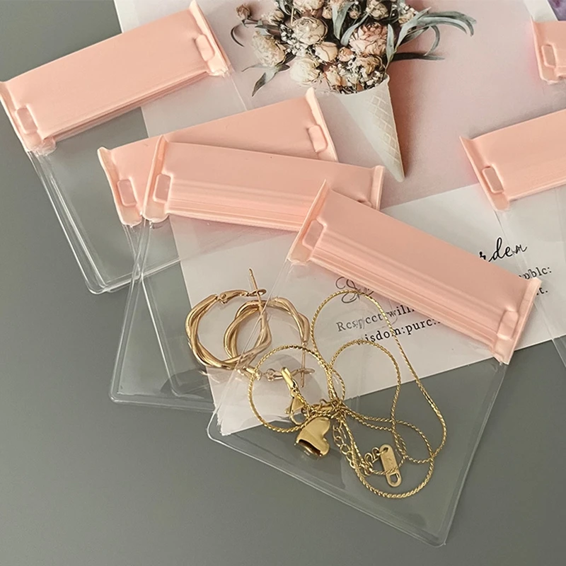 100pcs PINK Jewelry Frosted Zipper Bag Ring Earring Necklace Bracelet Packaging Transparent EVA Plastic Storage Envelope Pouch