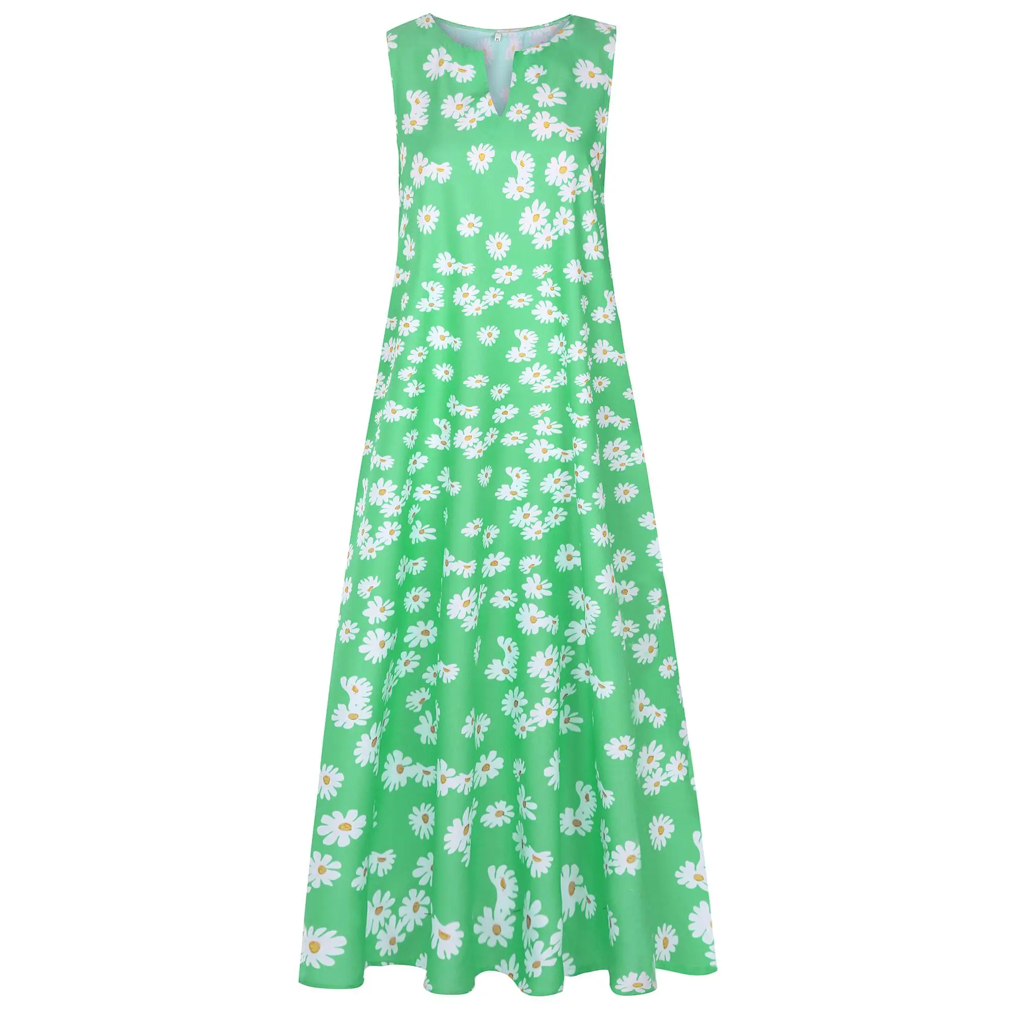 스트리트 슬레 V넥 데이지 프린트 롱 비치 드레스 여성용 S5XL 조끼 드레스 루즈핏 플로럴 A라인 가운