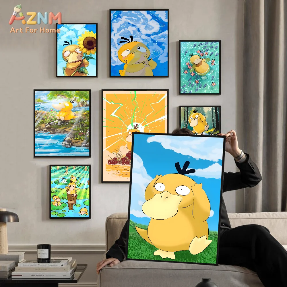 P-Pokemon P-Psyduck Anime-Poster, selbstklebender, wasserfester Papieraufkleber, Kaffeehaus, Bar, Kawaii-Raumdekoration