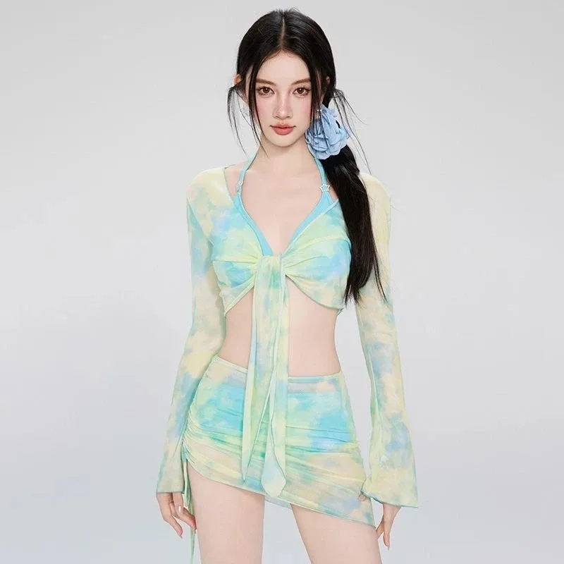 

Womens Tie Dye Halter Bikini Four Piece Long Sleeve Cover Up Skirt Beach Swimwear
