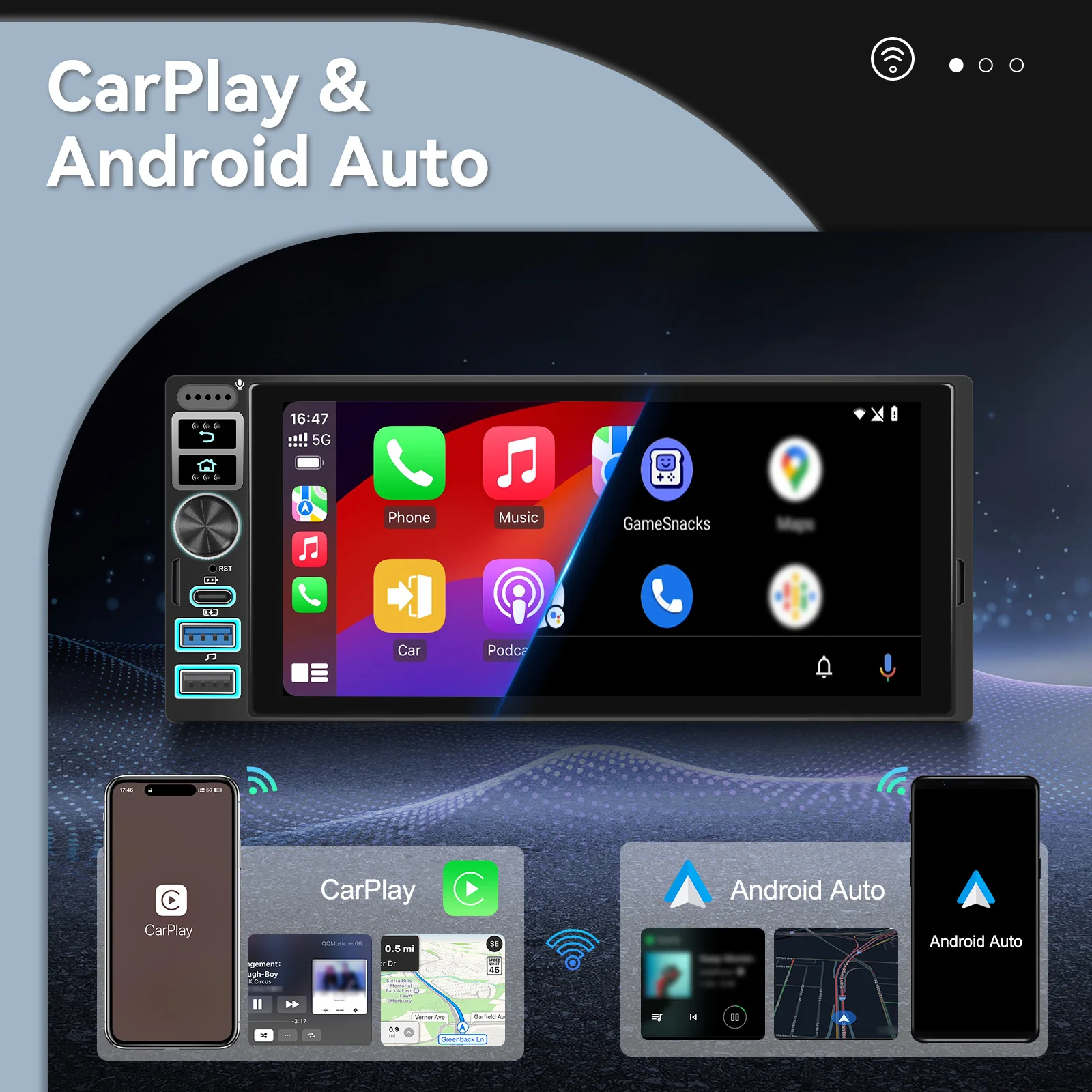 Podofo Android 6,9'' 1 DIN CarPlay Auto-Multimediaplayer Android Auto GPS-Navigation Intelligenter Auto-Player mit Mirror Link – Detail 6