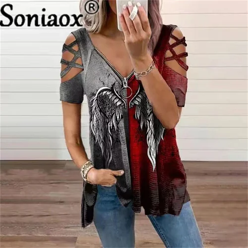 Jersey de manga corta con estampado de ala de Ángel para mujer, Camiseta holgada informal con cremallera y cuello de pico, Estilo Vintage, novedad de otoño, 2024