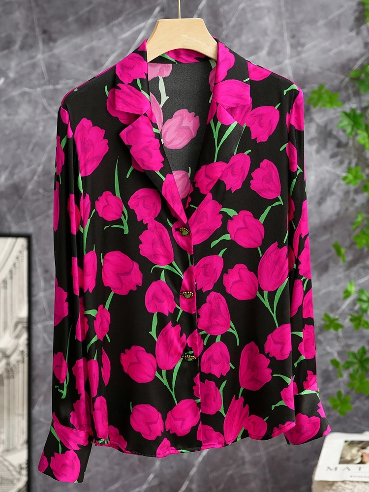 

Tulip Treasure irt Satin Printed Western Collar Silk Red Commute Sle Long Sve Women's Premium Quali Top