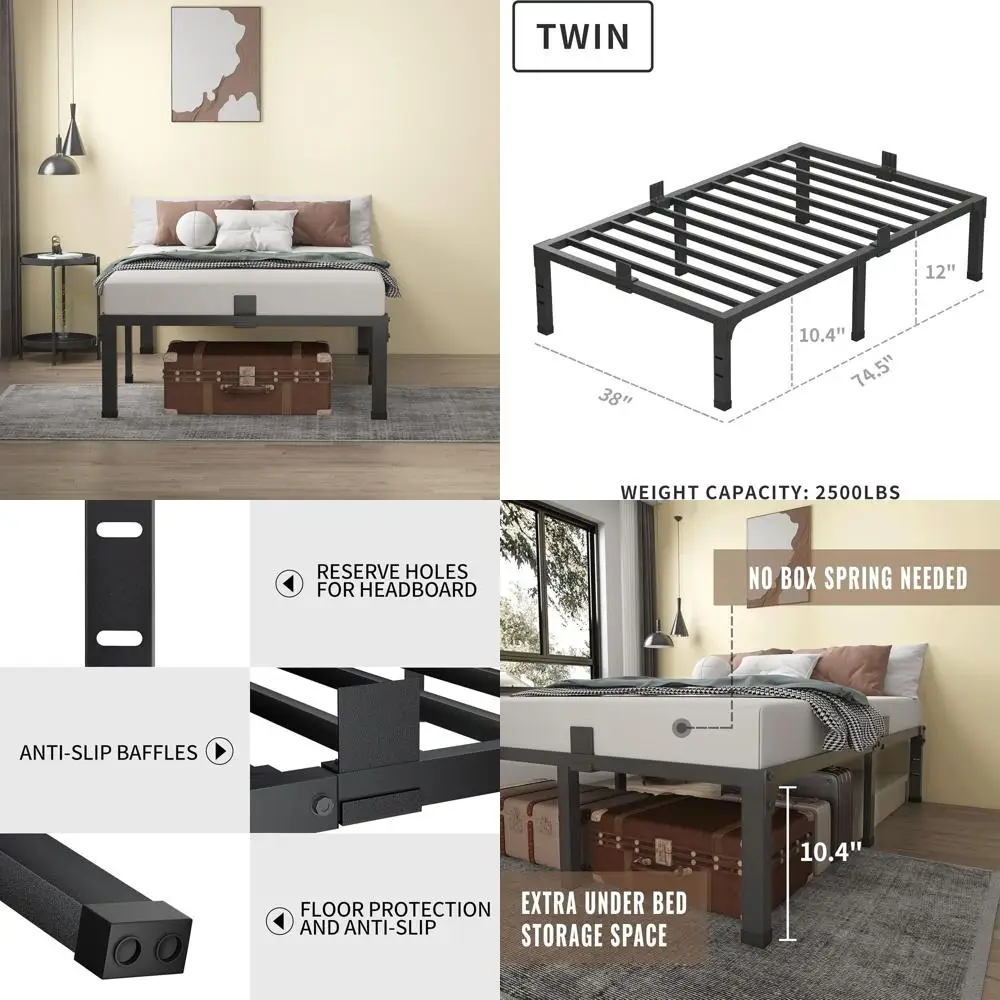 

12-дюймовая металлическая кровать-платформа с усиленной решеткой, ограничителем скольжения матраса, не требует пружинного блока, простая сборка, бесшумная