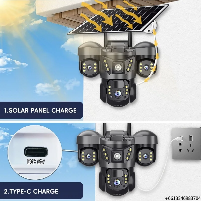 V380pro IP66 4G WiFi Night Vision Auto Tracking Two-Way Audio PIR/Radar Motion Detection 12MP 3 Lens 3 PTZ Solar Full Color