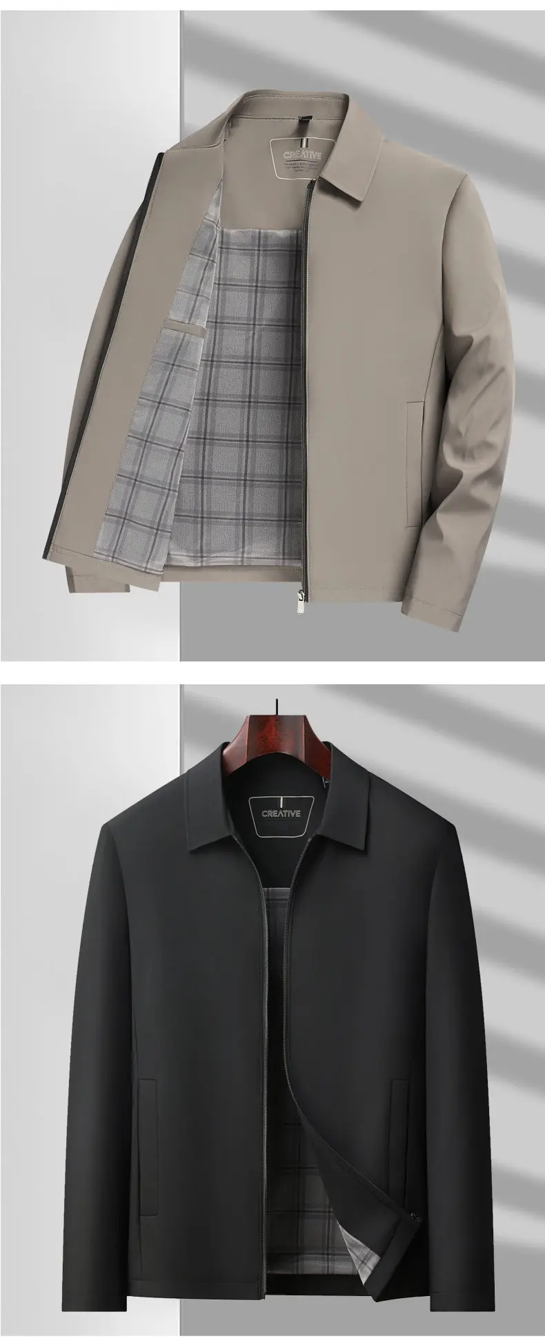 Hochwertige Business-Jacke mit Business-Kragen, Executive-Blazer mit Revers und Kette, Schwarzer Mantel, Vater-Outfit – Detail 8