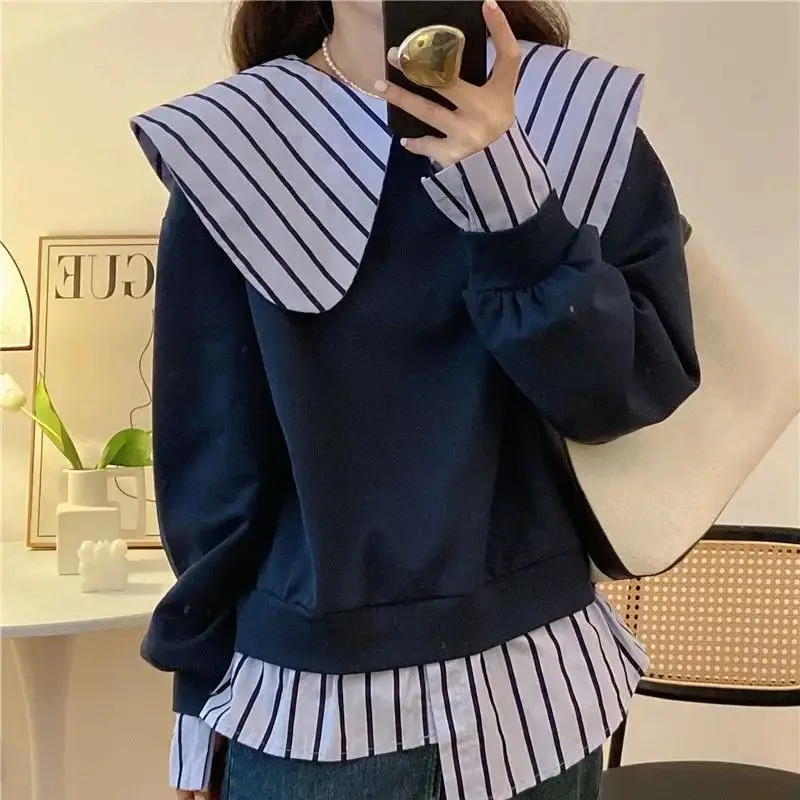 

Fake Two-Piece Sweatshirt Irregular Top Doll Collar Striped Splicing 2024 Niche Spring New Korean Style Loose Top For Women