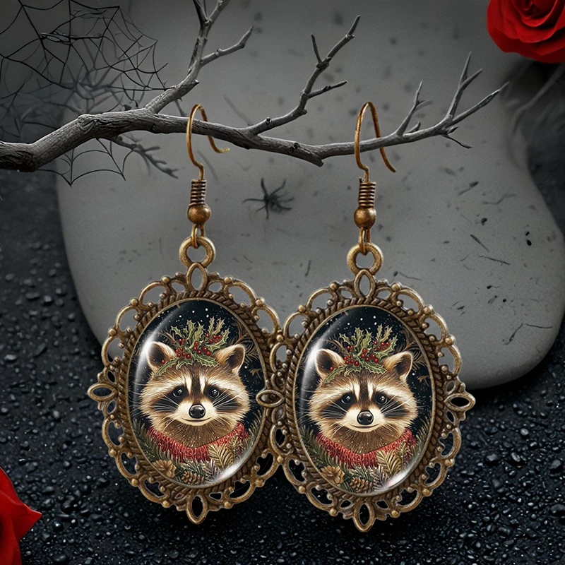 Vintage Raccoon Painted Picture Oval Glass Cabochon Flower Shaped Fish Hook Earrings Handmade Gifts