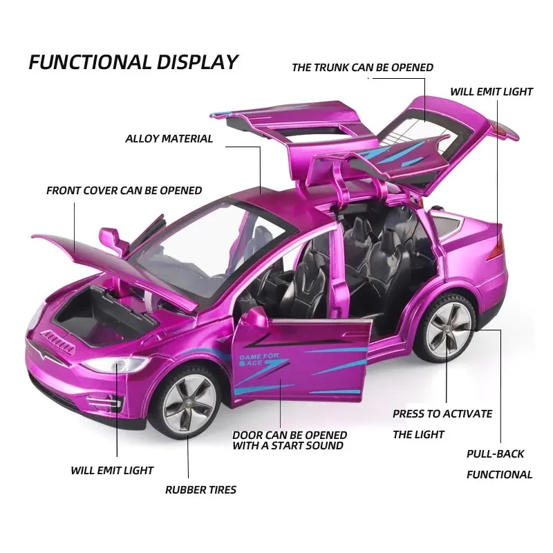 Model X Toy Car, 1:32 giocattoli per auto pressofusi in lega di zinco per bambini, tirare indietro il modello di auto in scala di apertura della