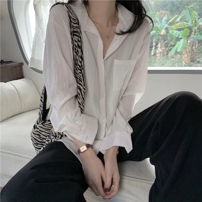 MEXZT Harajuku Sun Proof Shirts Women Oversized Long Sleeve White Blouses Streetwear Korean Fashion Basic Casual Sunscreen Tops