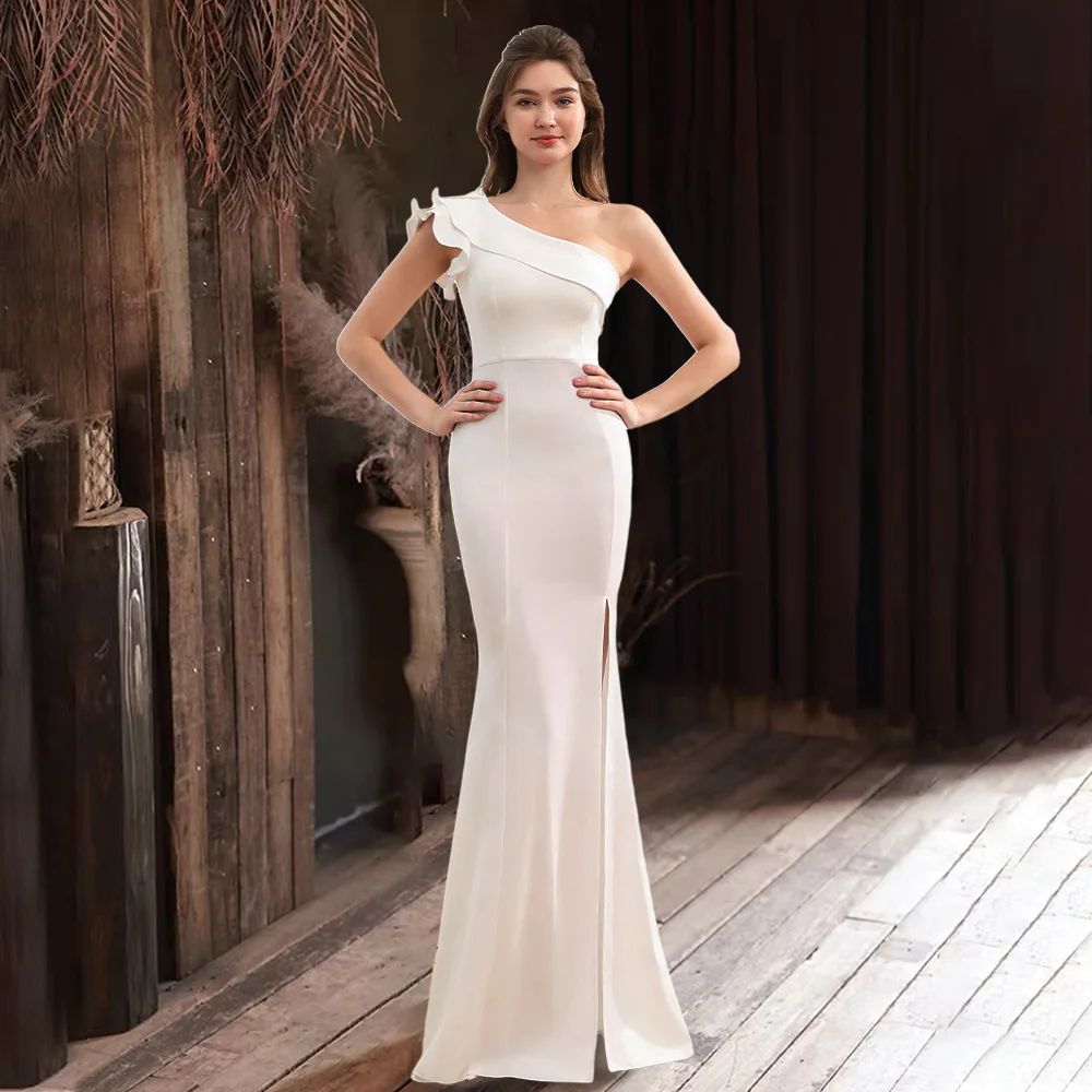 Vestido de noite fino de um ombro feminino, saia inclinada, saia longa celebridade