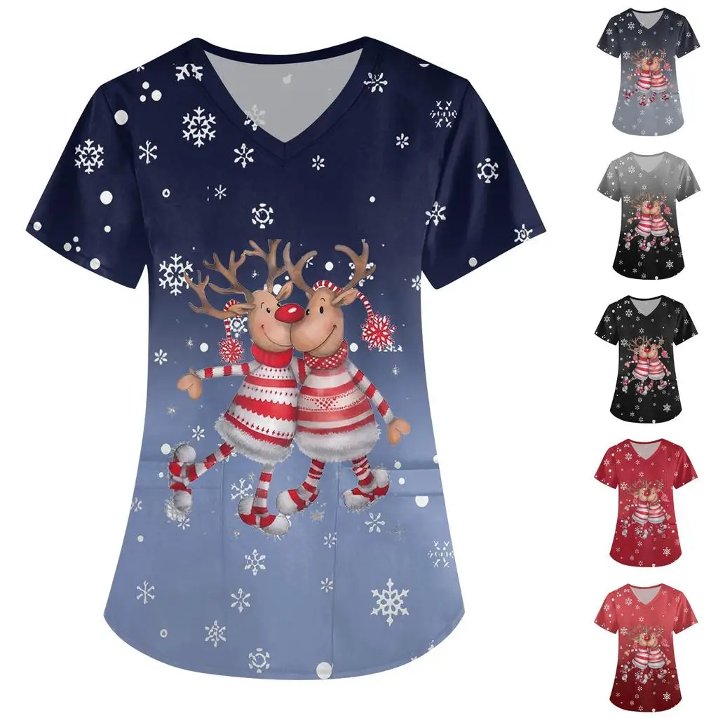 2025 Merry Christmas Work Uniform Short Sleeve V Neck Christmas Reindeer Cartoon Gradient Pattern Top Christmas Fashion Casual