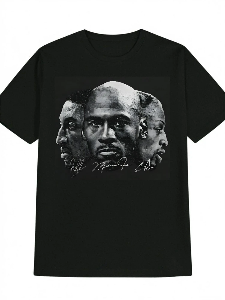 

Black Summer Crew Neck 100% cotton T-Shirt | Men's Casual Short Sleeve with Portrait Print, Regular Fit, White Graphic Design.