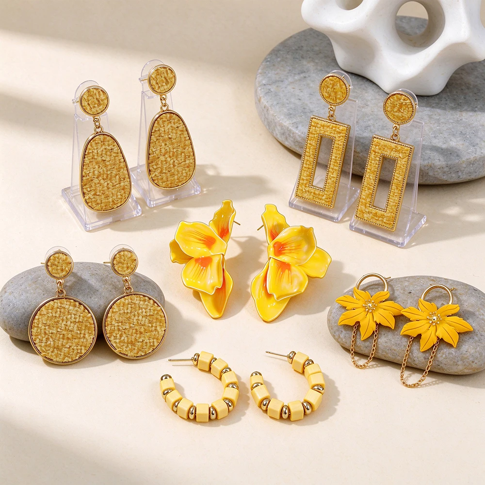 Vintage Geometric Woven Textured Drop Earrings for Women Elegant Flower Leaves Statement Earrings Party Jewelry