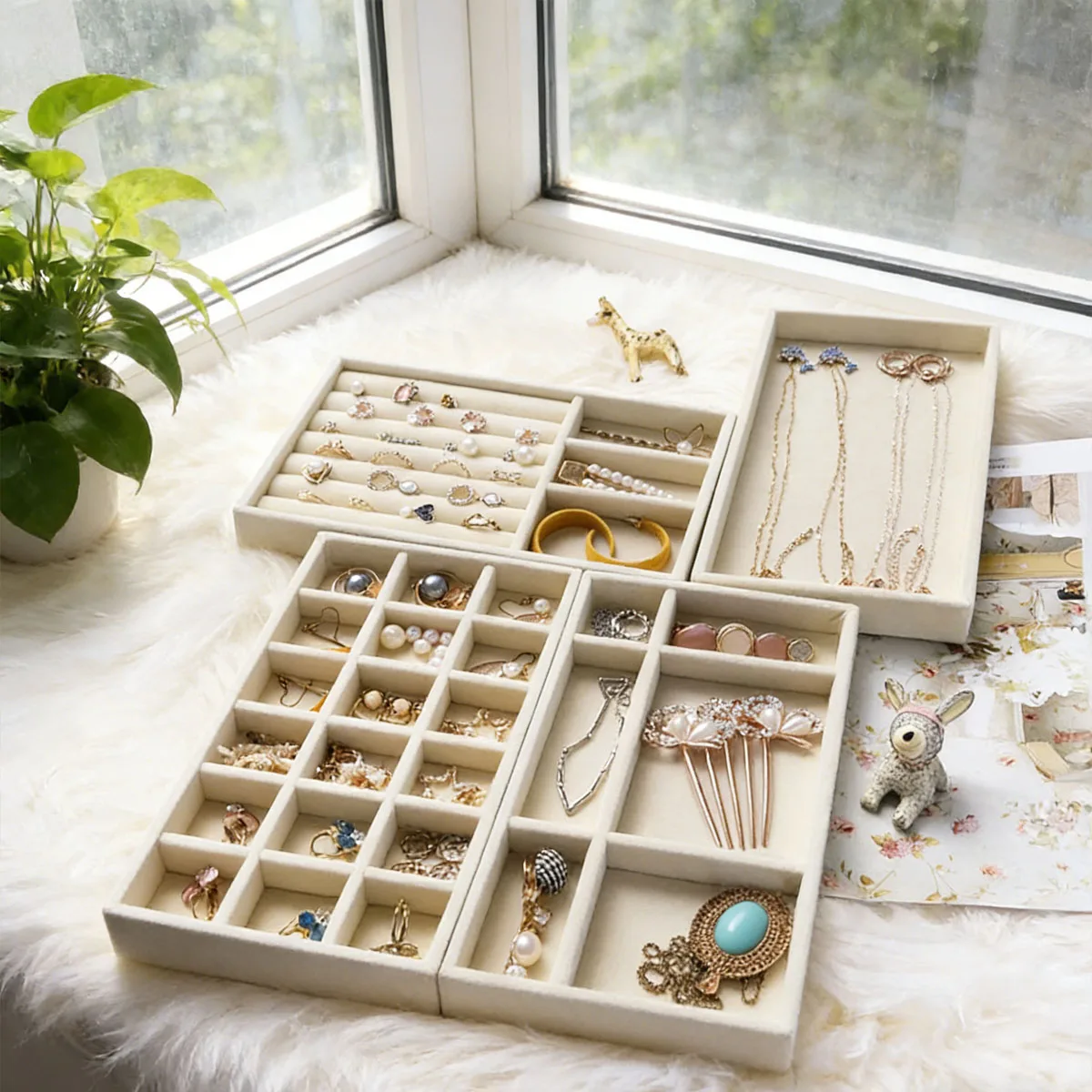 

4pcs-18 Grid Four Piece Jewelry Box Velvet Ring Earrings Empty Display Box Jewelry Tray