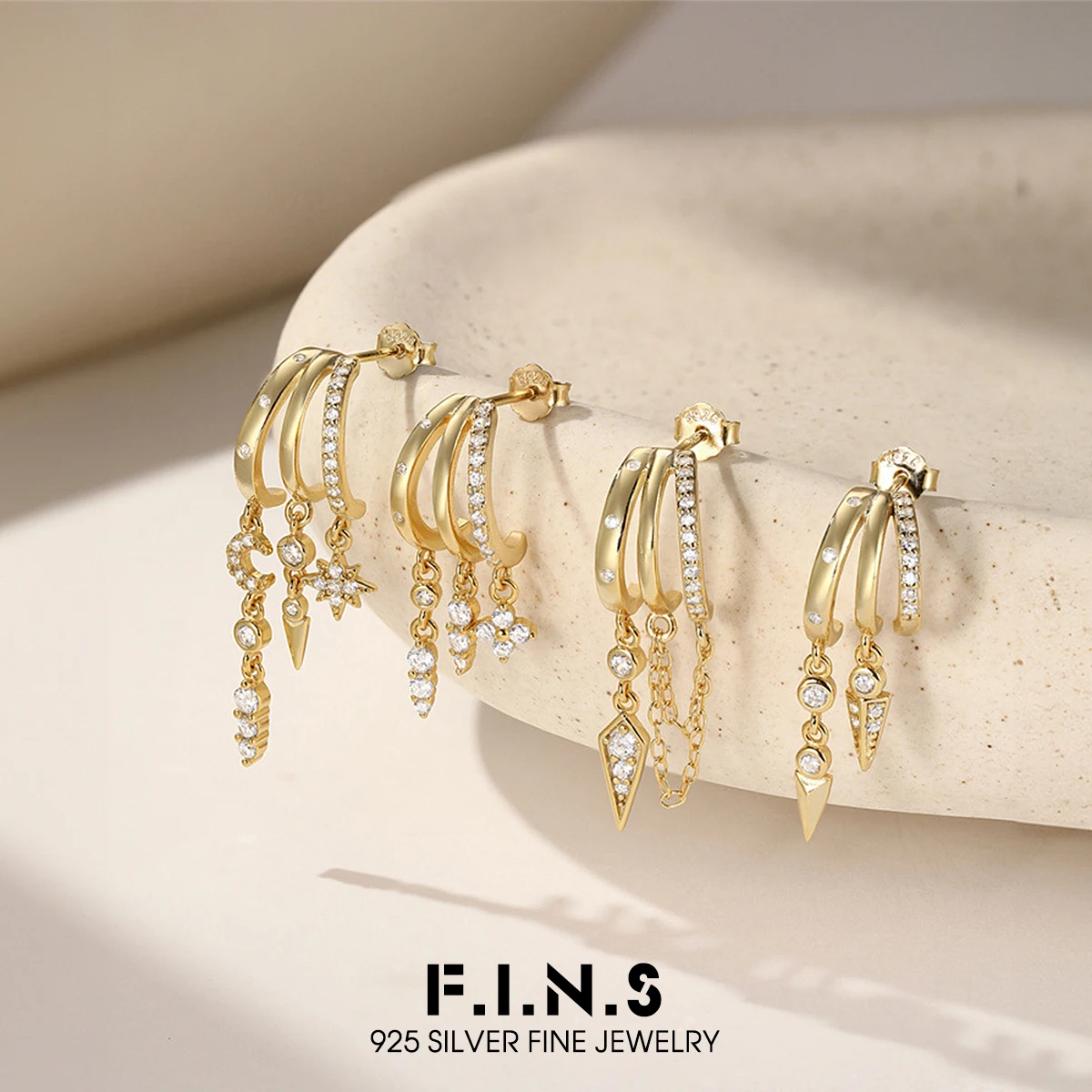 F.I.N.S New 925 Sterling Silver Gold Star Moon Rivet Stud Earrings Fringe Tassel Chain Piercing C-Shaped Ear Fine Jewelry Gifts