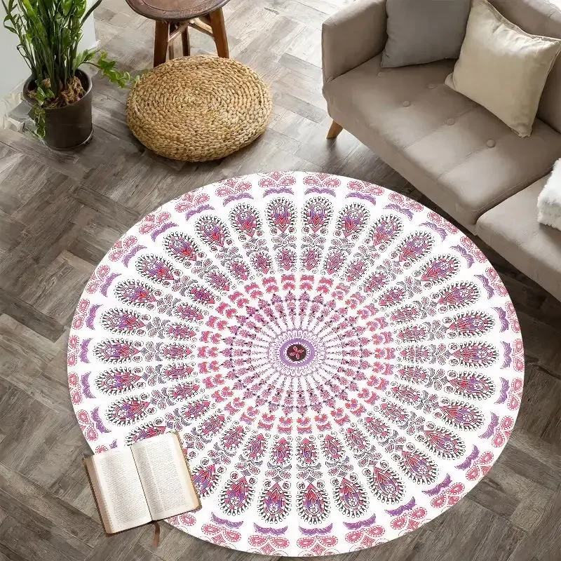 Mandala Pattern Round Rug Flannel Bohemian Style Living Room Bedroom Floor Mat Home Decoration Meditation Yoga Carpet