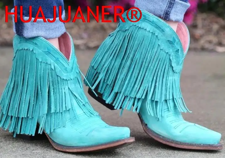 2023 Women Mid-calf Low Heel Bohemia Motorcycle Boots Fringed Cowboy Boots Shoes Spring Autumn Tassel Women Boots Botas Mujer