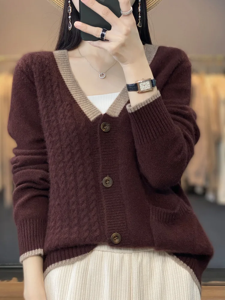 2024 New Autumn Winter Women Cashmere Sweater 100% Merino Wool Knitted V- Neck Cardigan Contrast Button-up Stylish Fashion Top