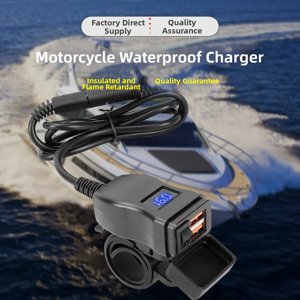 Motorcycle USB Fast Charger Handlebar Dual USB Socket With Switch Voltmeter Quick Charge 3.0 IPX6 Waterproof