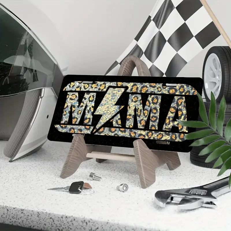 2D flat Mother'S Stylish Aluminum License Plate Frame with a Leopard Print Design, Measuring.It Features Golden Accents And Is