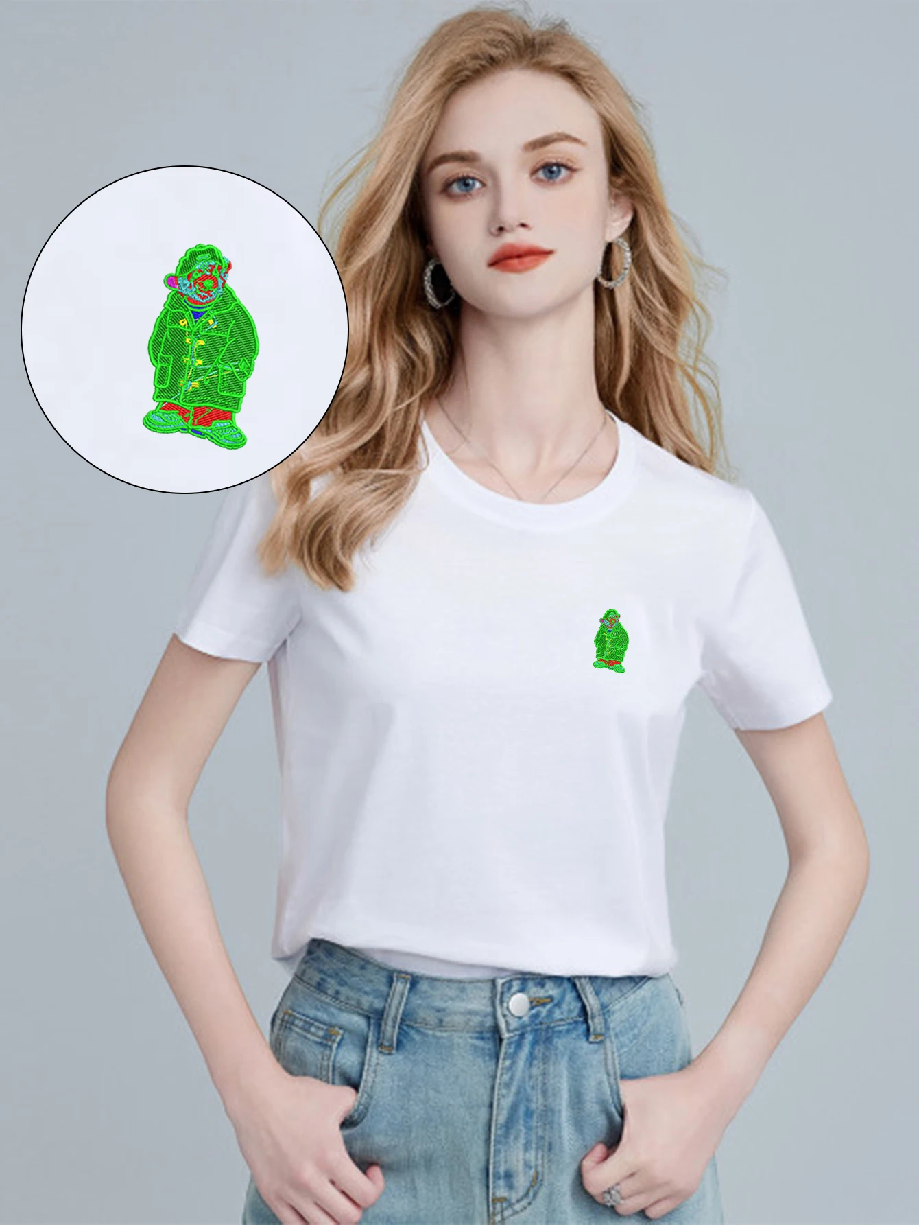 

Women’s Adorable Cartoon Character Embroidery T-shirt | Premium Cotton Tee, Loose Style, Charming Summer Vacation Tee