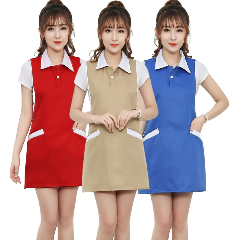 Women's Beauty Salon Work Clothes Fashion SPA Beautician Nail Waiter Lapel Apron Supermarket Aprons Waitress Sleeveless Skirt 