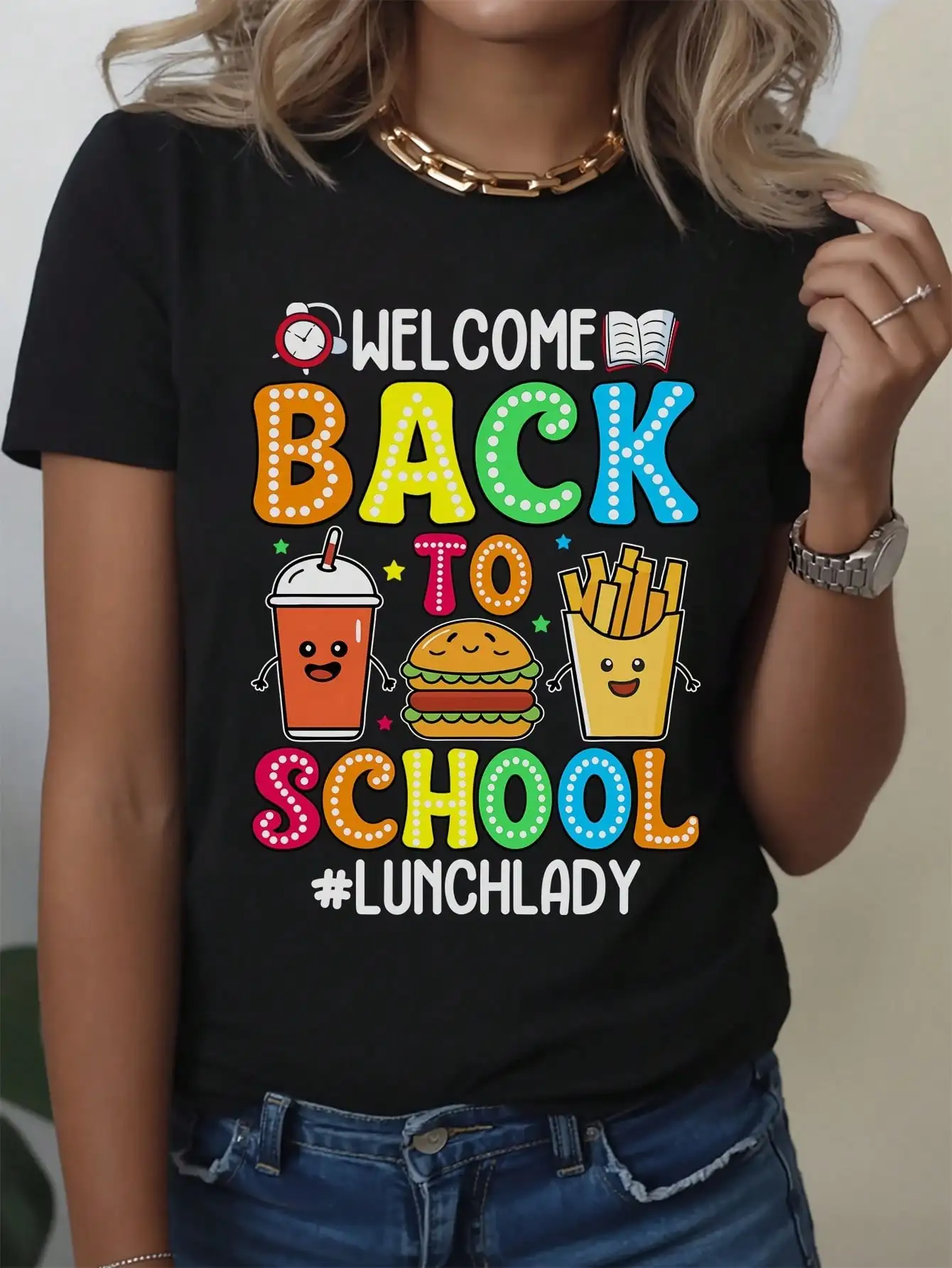 Women'S Funny Back To Lunch Lady Graphic T-Shirt - Soft Black Tee With # LunchLady Design, All-Season Casual Top For Teachers, Cafeteria Workers - Machine Washable Everyday Shirt, Playful Design