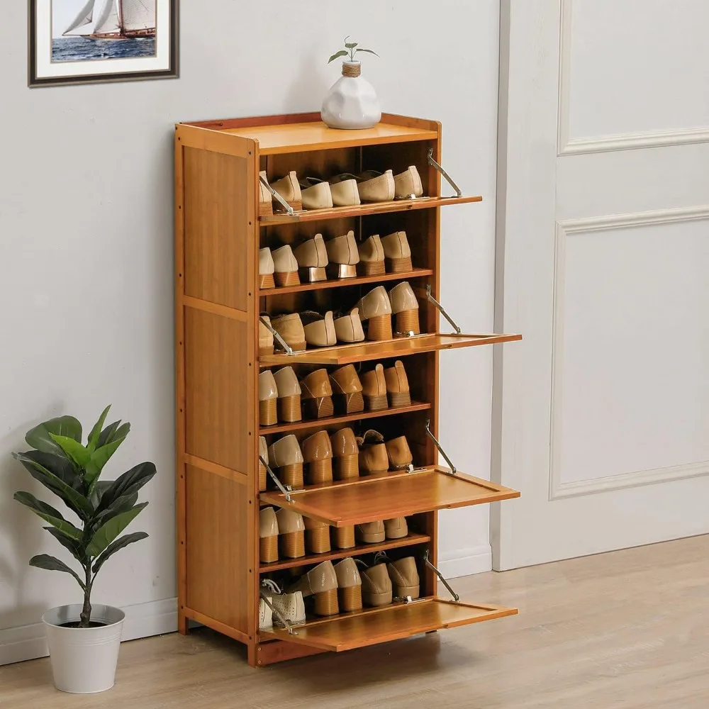 

Bamboo 7 Tier Shoes Tissue Rack With Pull Down Door 21 Pairs of Sneakers High Heeled Boots, Corridor Entrance, Brown